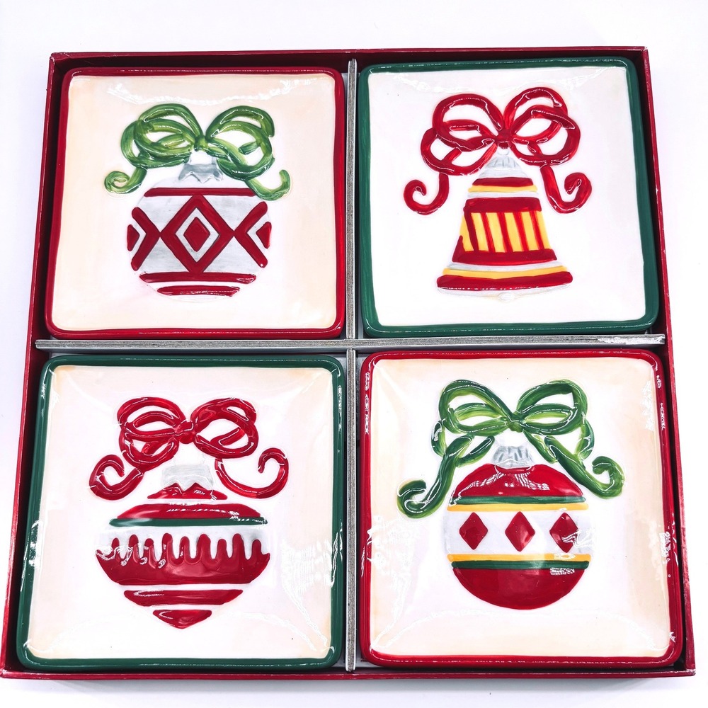 Christmas Ornament Plates Appetizer Tidbit Dishes Ceramic Set of 4 Hanging Loops